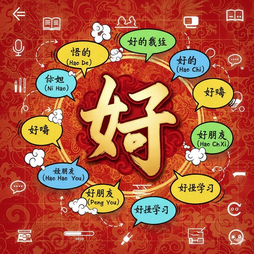 赤を基調とした背景の中央に大きく「好」の文字が配され、その周りをカラフルな吹き出しが囲んでいる。.