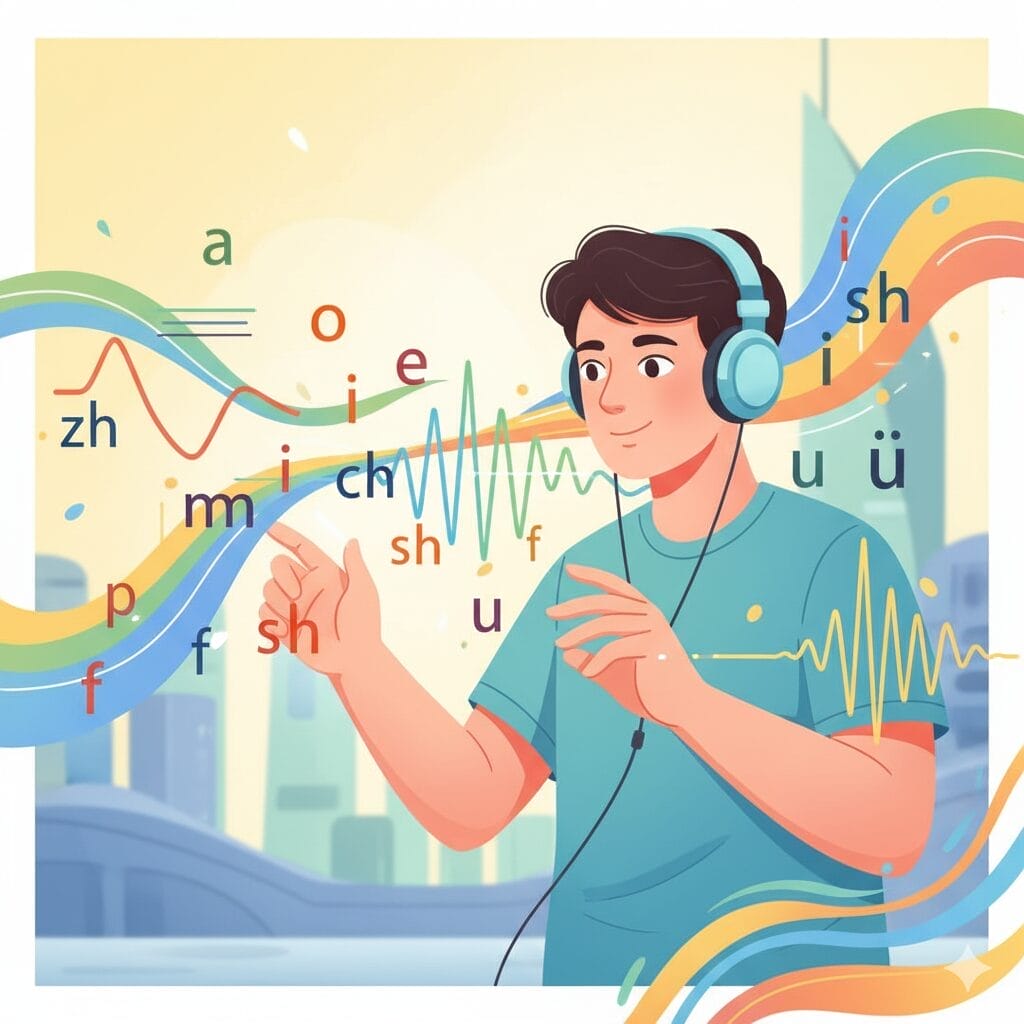 ヘッドフォンを装着した人物が、様式化された街並みを背景に、浮遊する発音記号や音波と対話する。.