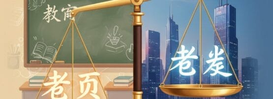 左側には「老師」と書かれた黒板の教室、右側には「仙生」と書かれた近代的な街並みがバランスよく配置され、伝統的な職業と近代的な職業が比較されている。.