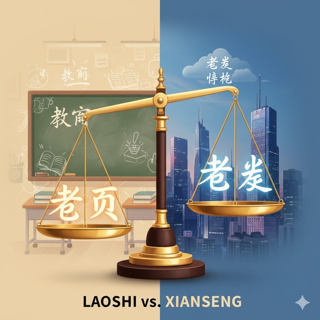 左側には「老師」と書かれた黒板の教室、右側には「仙生」と書かれた近代的な街並みがバランスよく配置され、伝統的な職業と近代的な職業が比較されている。.
