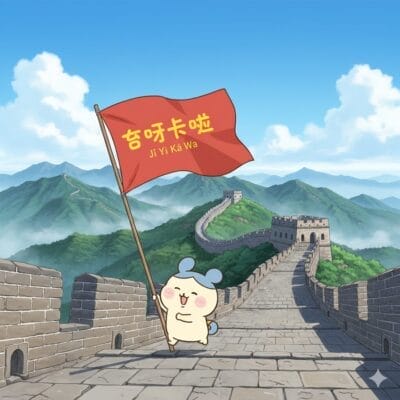 山々を背景に青空の下、万里の長城に立つ、中国語とピンイン文字の入った赤い旗を持つ漫画のキャラクター。.