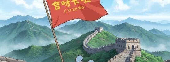 山々を背景に青空の下、万里の長城に立つ、中国語とピンイン文字の入った赤い旗を持つ漫画のキャラクター。.
