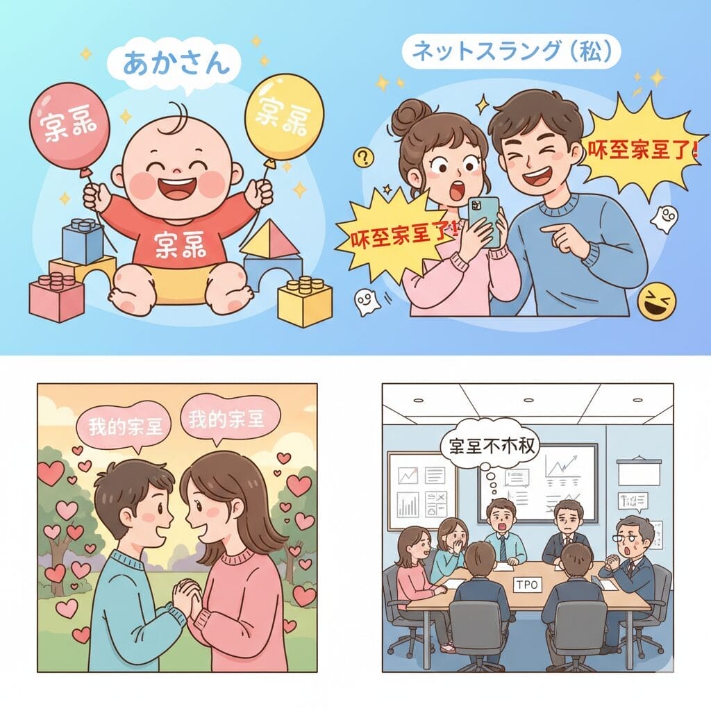 赤ちゃんとの間、10代の若者たちとの間、カップルの間、ビジネスミーティングの中など、さまざまな文脈で「キュン」という日本語のスラングを4枚のイラスト入りパネルで解説。.