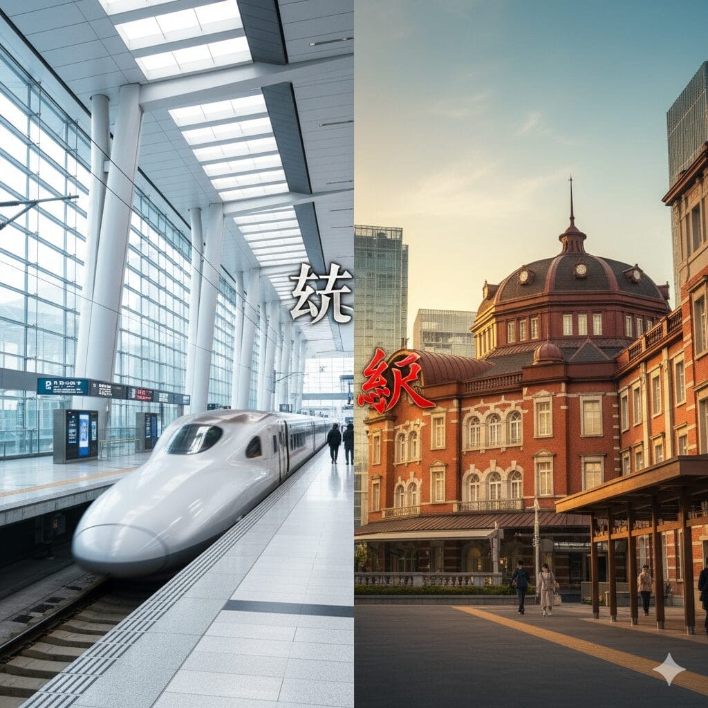 左は駅に停車中の近代的な新幹線、右は快晴の空の下、ドームのある赤レンガの歴史的建造物。.