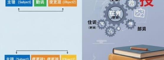 中国語の文法概念を図、本、コーヒーで表現し、"不 "と "授 "を使った文型をラベル付きのテキストとアイコンで対比している。.