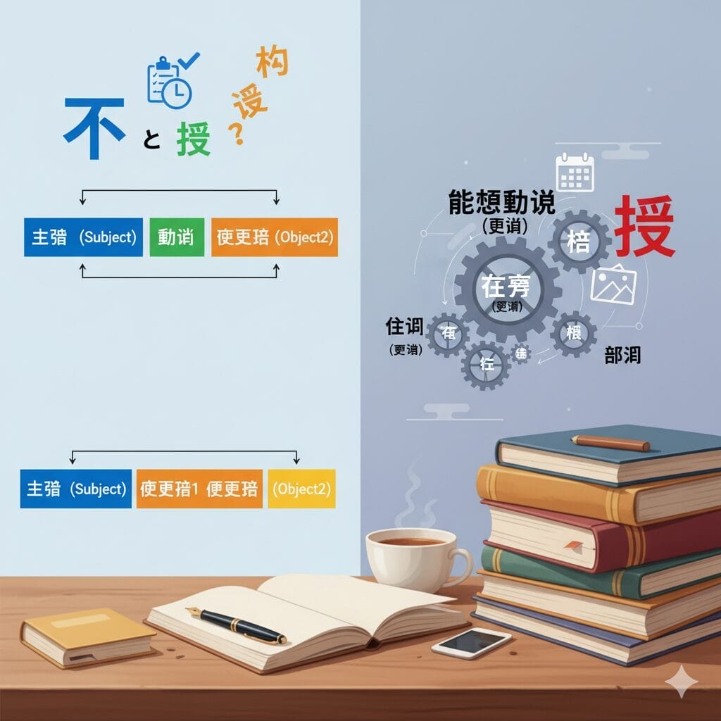 中国語の文法概念を図、本、コーヒーで表現し、"不 "と "授 "を使った文型をラベル付きのテキストとアイコンで対比している。.