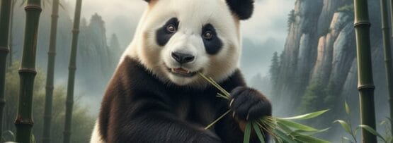 ジャイアントパンダが竹の丸太の上に座り、笹の葉を食べている。背景は霧に覆われた山々と鬱蒼とした竹林。.
