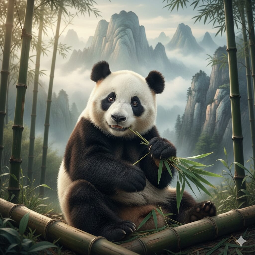 ジャイアントパンダが竹の丸太の上に座り、笹の葉を食べている。背景は霧に覆われた山々と鬱蒼とした竹林。.