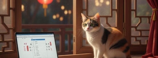 赤いカーテンに縁取られた木製のベンチに置かれた、開いたノートパソコンと本の横に、外に赤い提灯が置かれた窓際に座る三毛猫。.