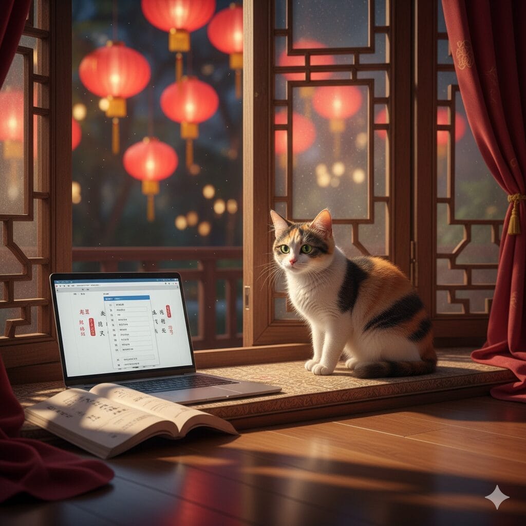 赤いカーテンに縁取られた木製のベンチに置かれた、開いたノートパソコンと本の横に、外に赤い提灯が置かれた窓際に座る三毛猫。.