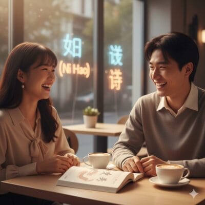 コーヒーカップと本を持ってテーブルに座る男女。.