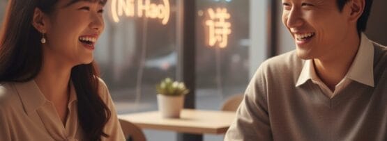 コーヒーカップと本を持ってテーブルに座る男女。.