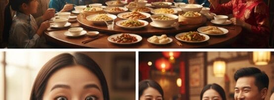暖かく照らされたダイニングルームで、料理を取り分けて乾杯し、伝統的な中華料理を楽しむ家族。.
