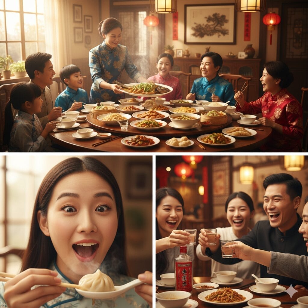 暖かく照らされたダイニングルームで、料理を取り分けて乾杯し、伝統的な中華料理を楽しむ家族。.