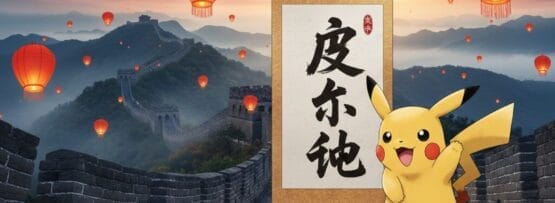 夕暮れ時、万里の長城の漢字の巻物の前に立つピカチュウ。.