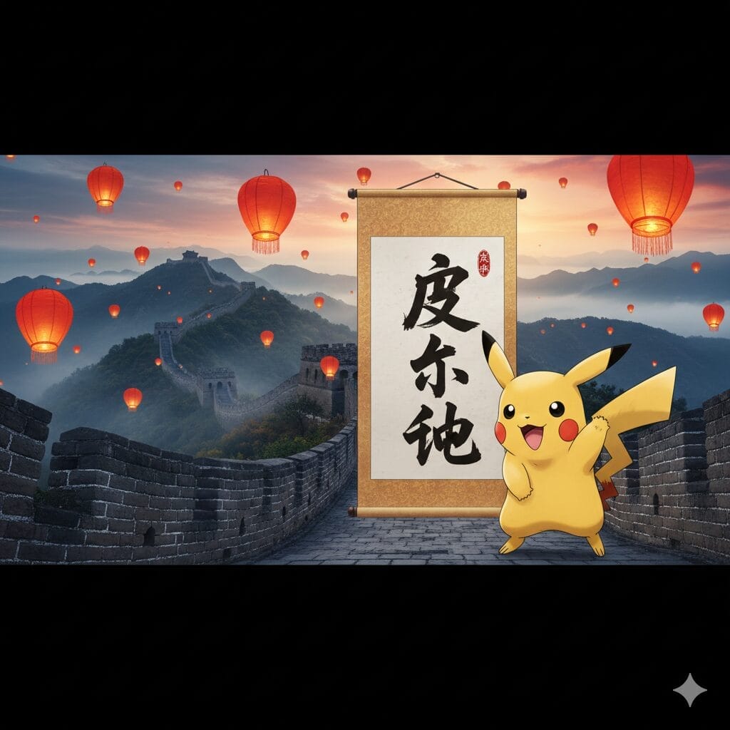 夕暮れ時、万里の長城の漢字の巻物の前に立つピカチュウ。.