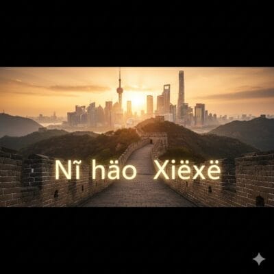 デジタル編集された画像は、万里の長城が夕暮れの近代的な都市のスカイラインにつながっている様子を示しており、手前には「Nǐ hǎo Xièxie」の文字が輝いている。.