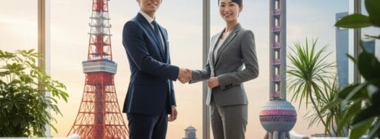 大きな窓から東京タワーとオリエンタルパールタワーが見えるモダンなオフィスで握手を交わすスーツ姿の2人のビジネスマン。.
