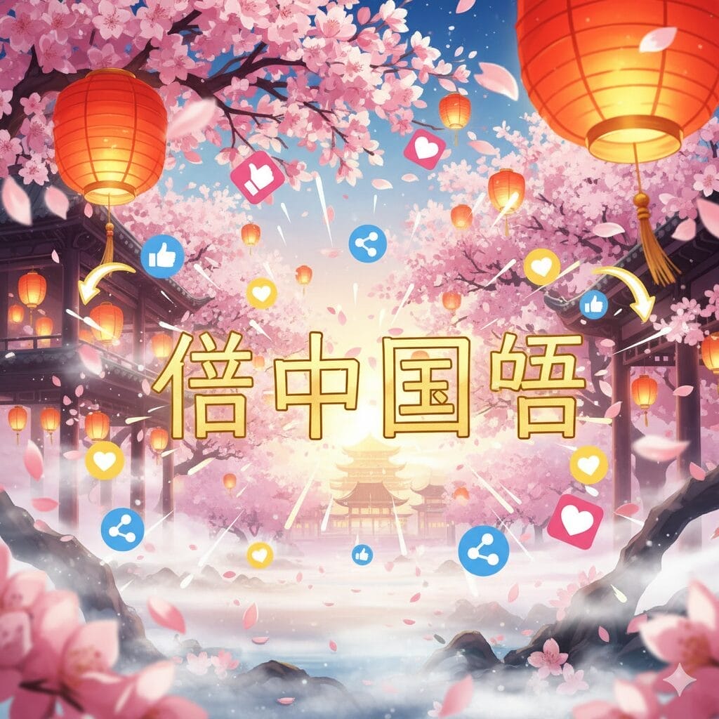 桜、赤提灯、伝統的な建物にソーシャルメディアのアイコンが重なり、中央の中国語テキストは「倍中国啥」。.