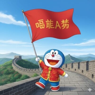 澄み切った青空の下、万里の長城の上に立つ中国の伝統衣装を着た漫画のキャラクターが、中国語の文字が書かれた赤い旗を持っている。.