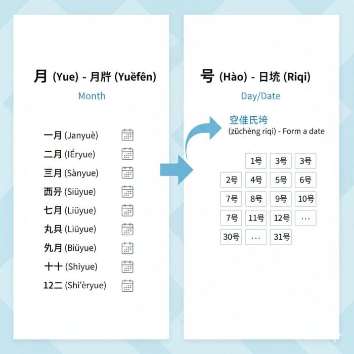 中国語の「月」と「号」の使い方を示すインフォグラフィック