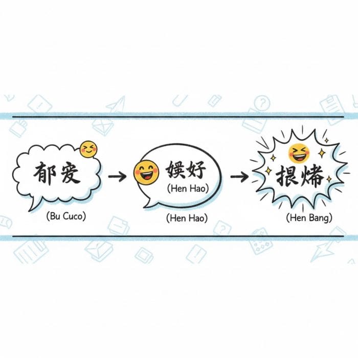 中国語の褒め言葉「不错」「很好」「很棒」を段階的な笑顔で表すインフォグラフィック