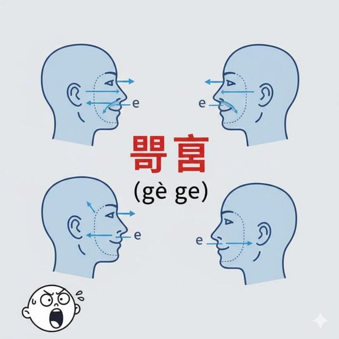 中国語「哥哥」の「e」の発音時の口の形と舌の位置を示す図解