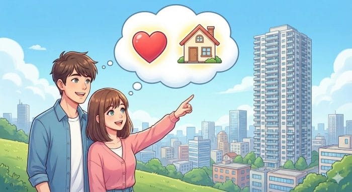 将来のマイホーム（房子）と温かい家庭（家）を想像するカップル