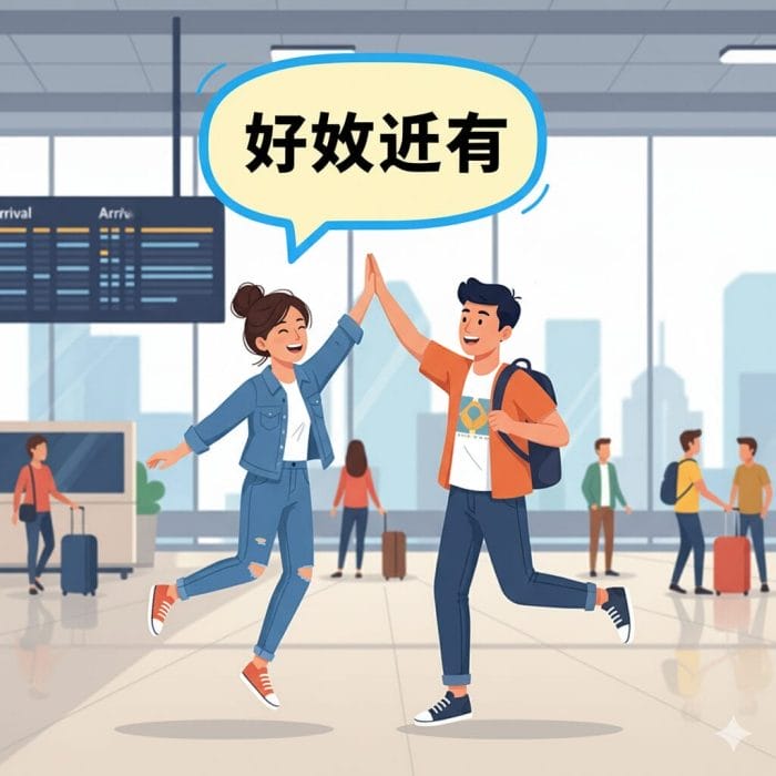 空港で再会を喜ぶ友人たち「好久不见」