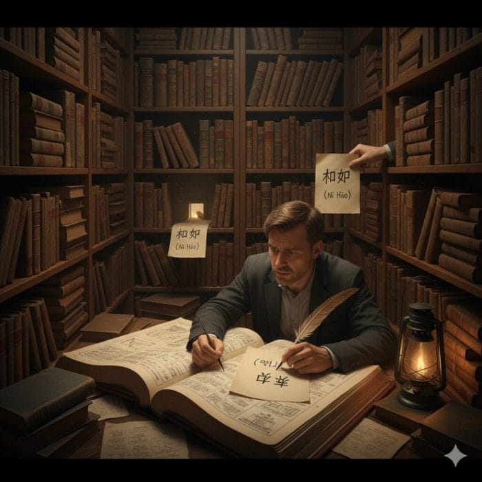 部屋の中でマニュアルを必死に調べて中国語の回答を返す人物のイラスト