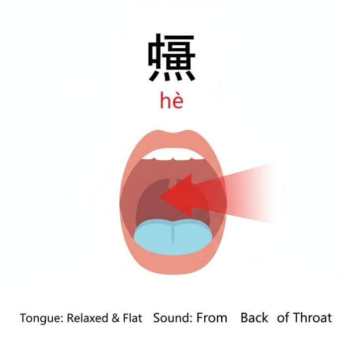 「喝（hē）」の発音のコツを示す口の断面図