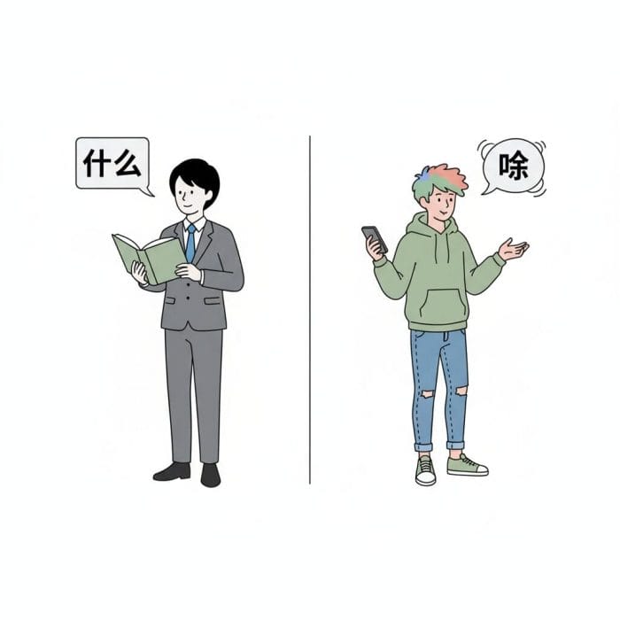 フォーマルな「什么」とカジュアルな「啥」の使い分けイメージ