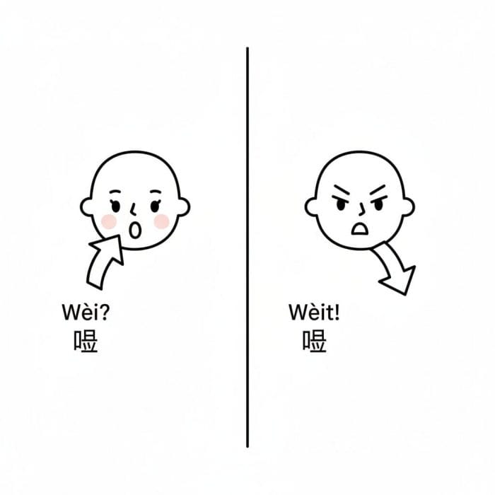 喂の発音：第2声（上昇）と第4声（下降）のイメージ図