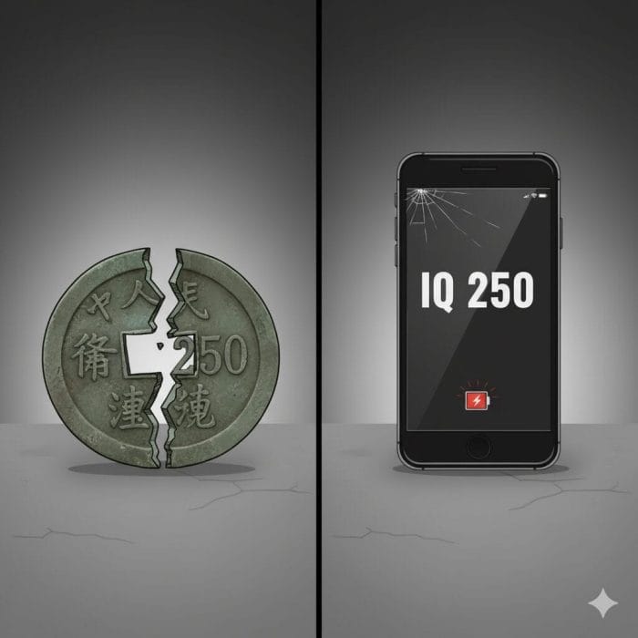 250の数字が書かれた割れた古代の硬貨とスマホ