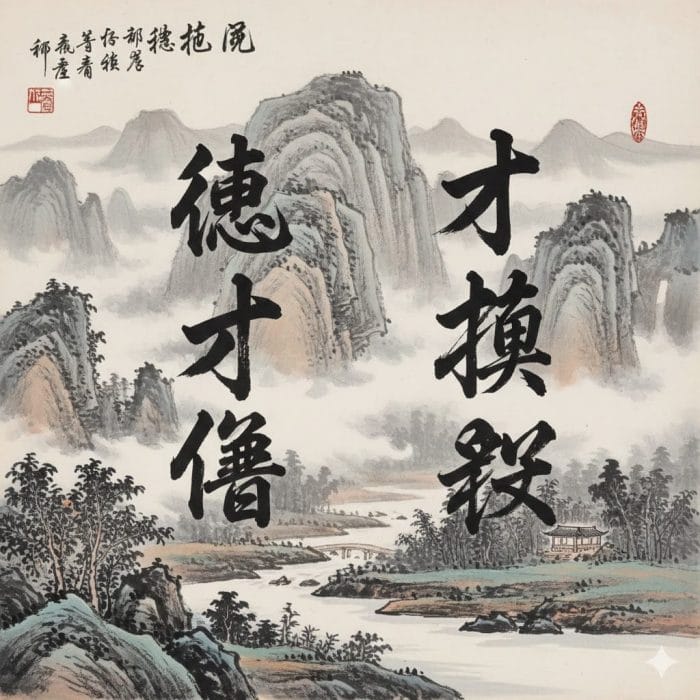 墨と筆で力強く書かれた「才華横溢」と「徳才兼備」の四字熟語。背景は中国の山水画。