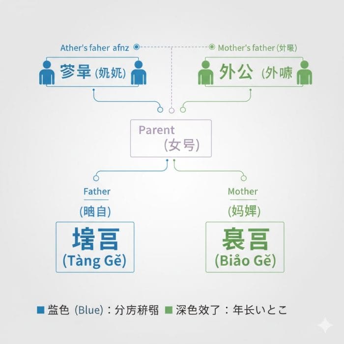中国語の父方・母方のいとこの呼び方を色分けした家系図のインフォグラフィック