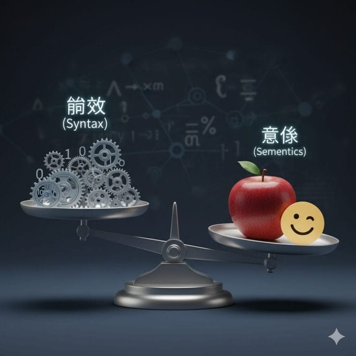 「構文(Syntax)」と「意味(Semantics)」を比較する天秤のイラスト