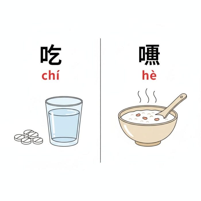 「吃药（薬）」と「喝粥（お粥）」の対比イラスト
