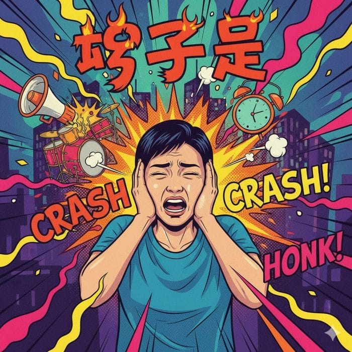 騒音に悩まされて耳を塞いでいる人物のイラスト