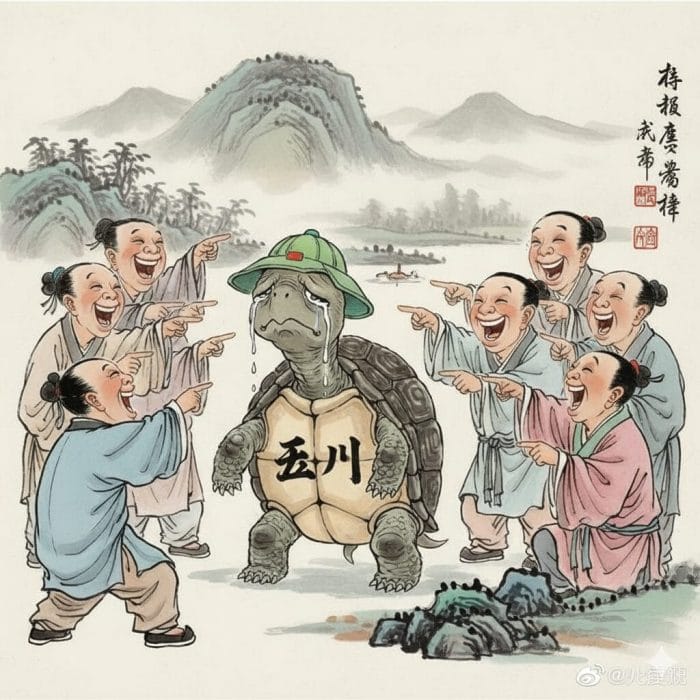 緑の帽子をかぶって泣いている亀のイラスト