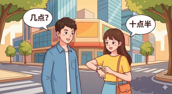 街中で時間を尋ねる男女の会話シーン