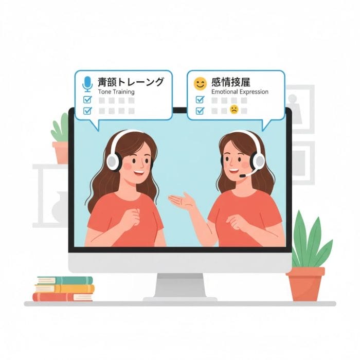 ヘッドセットを装着した学習者とネイティブスピーカーがオンラインで会話しているイラスト。声調トレーニングのチェックリストが表示されている。