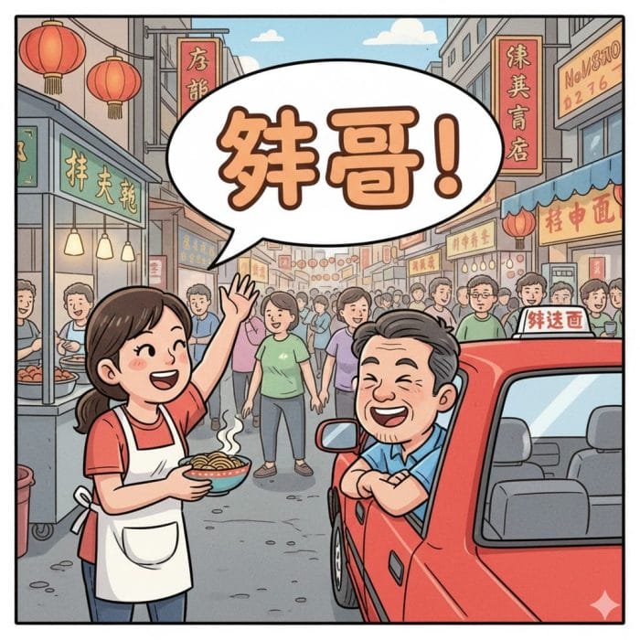 活気ある中国の街中で女性が男性に親しみを込めて「帥哥」と呼びかけているコミカルなシーン