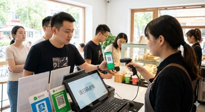 スマホを使ってカフェで注文するシーン