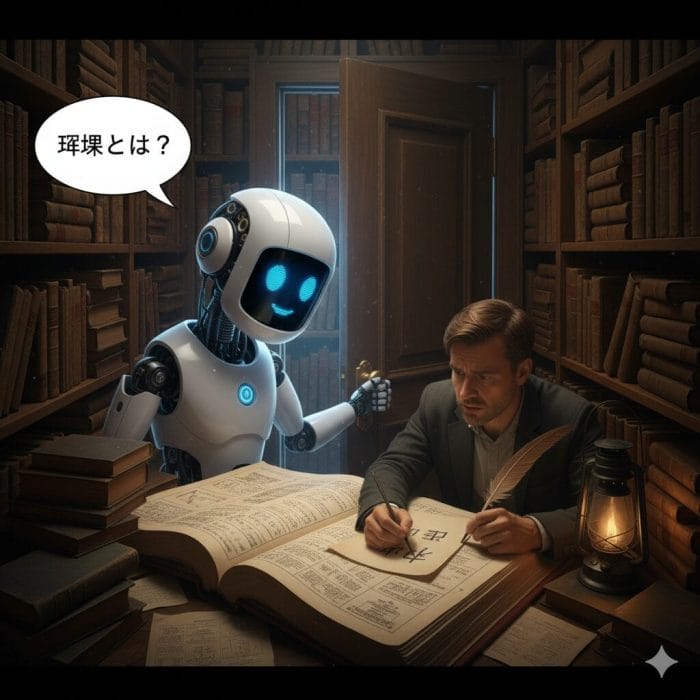 現代のAIが「中国語の部屋」のドアの前に立っているイラスト