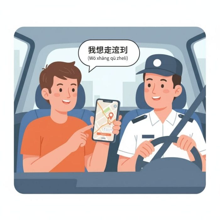 タクシーでスマホの地図を見せる観光客