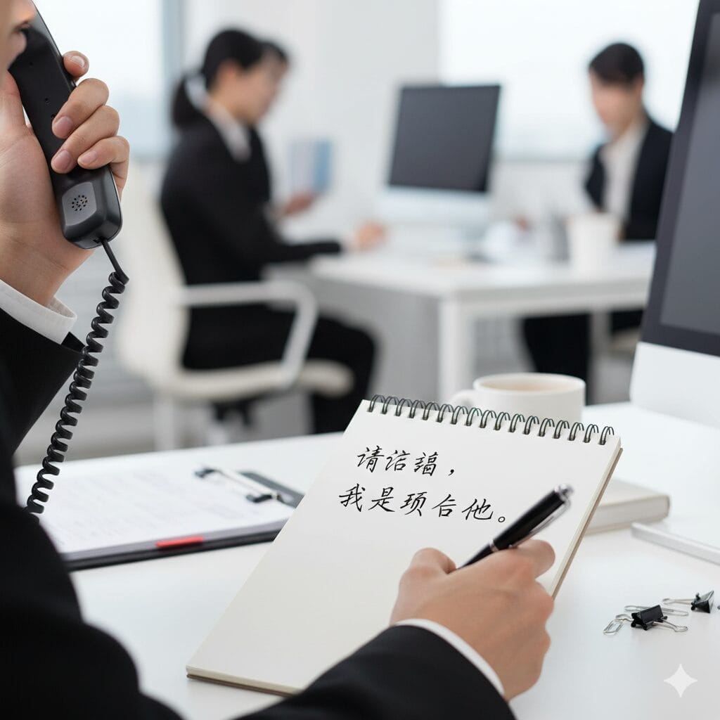 ビジネスオフィスでの電話メモと取り次ぎの様子