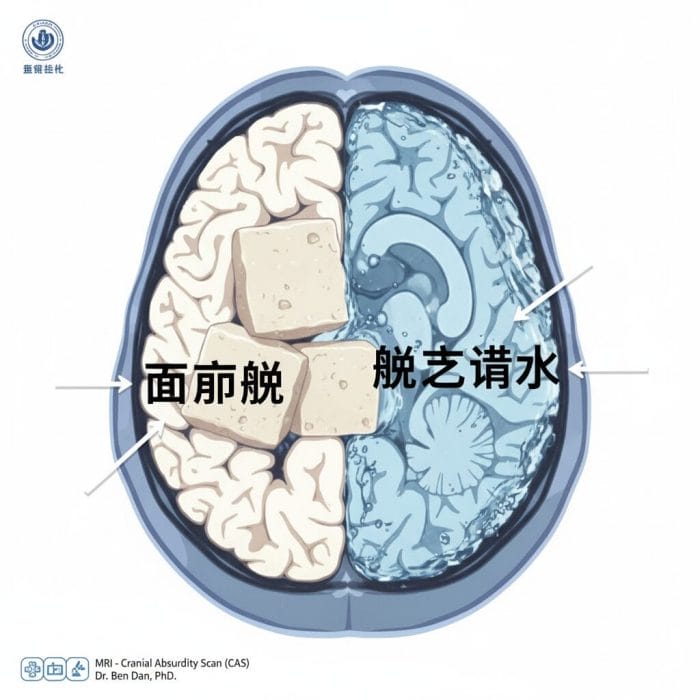 医療パロディ風の脳スキャン画像で、脳が水や豆腐になっている