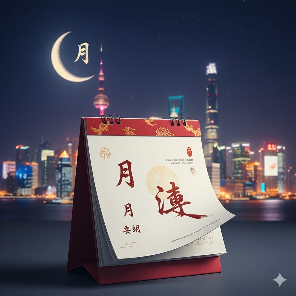 都市のスカイラインと三日月を背景に、テーブルの上に置かれた中国の卓上カレンダー。カレンダーのページには漢字と伝統的な装飾要素が描かれている。.