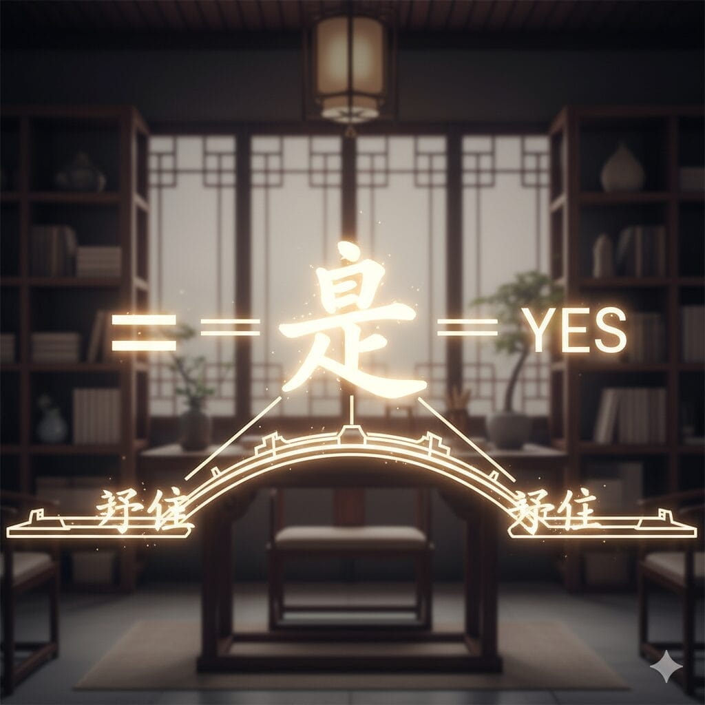 本棚、椅子、そして「是」の文字と「YES」の文字が描かれた光る橋のグラフィックがオーバーレイされたモダンな書斎。.